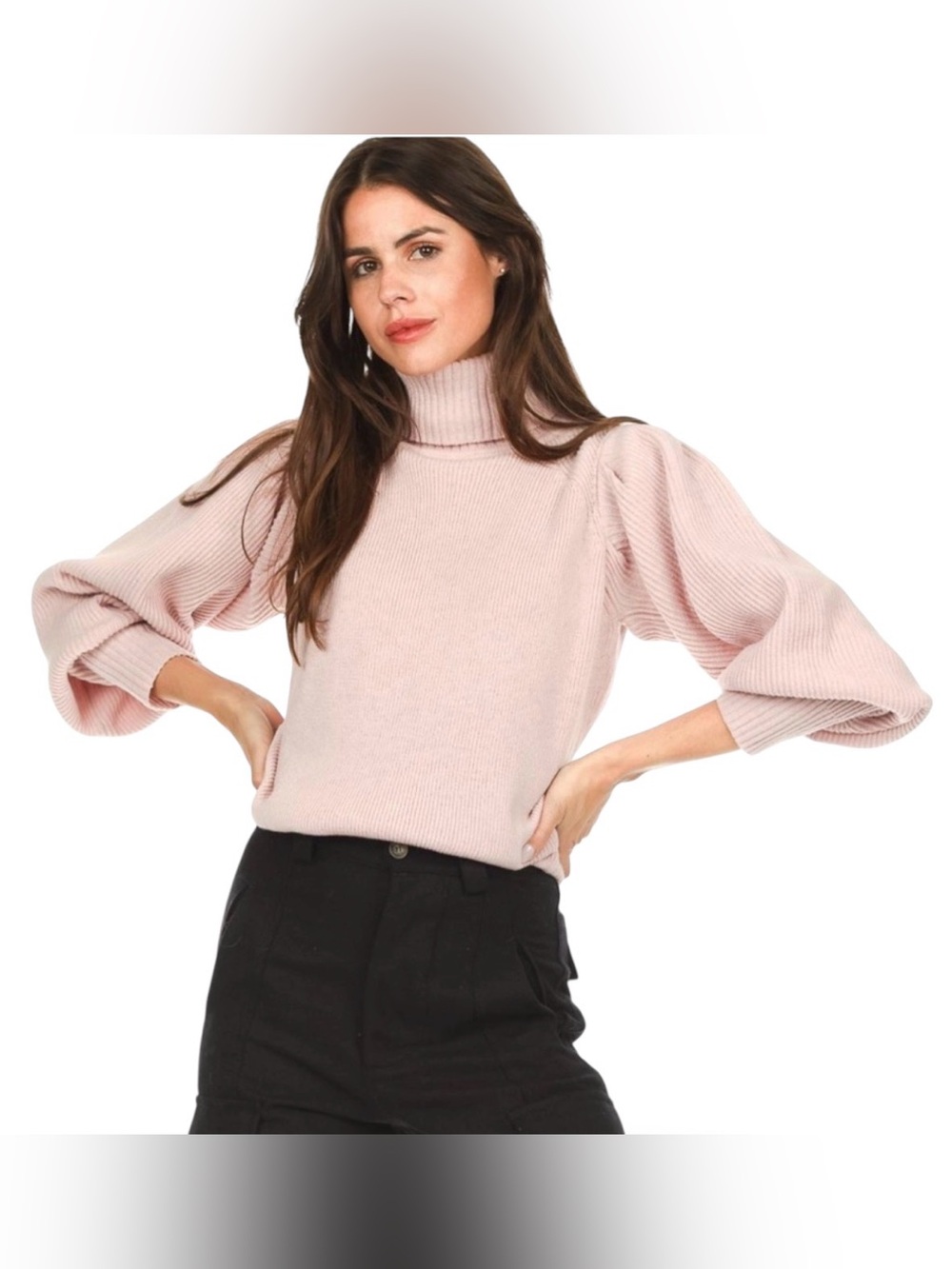 $495 NWT Magali Pascal Ambar Cashmere Wool Pink Puff Sleeve Turtleneck Sweater S